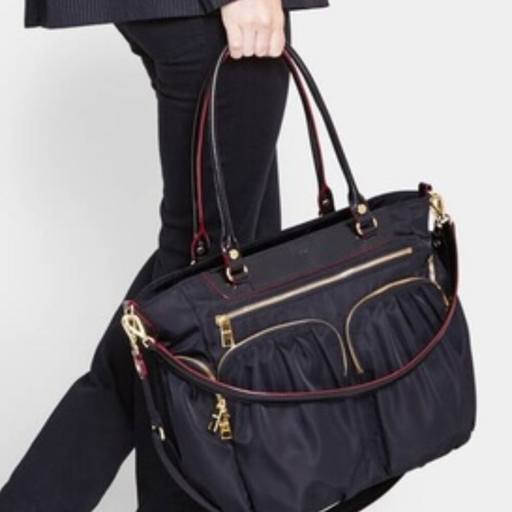 MZ Wallace Black Nylon Tote with Gold Hardware and Red Trim